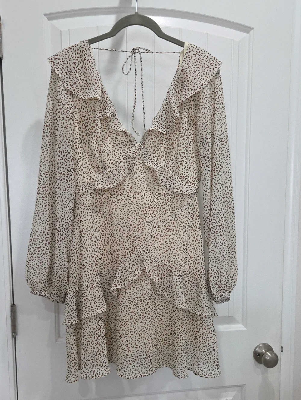 Baevely Leopard Print Tiered Ruffle Long Sleeve Mini Dress, Small - Picture 2 of 5